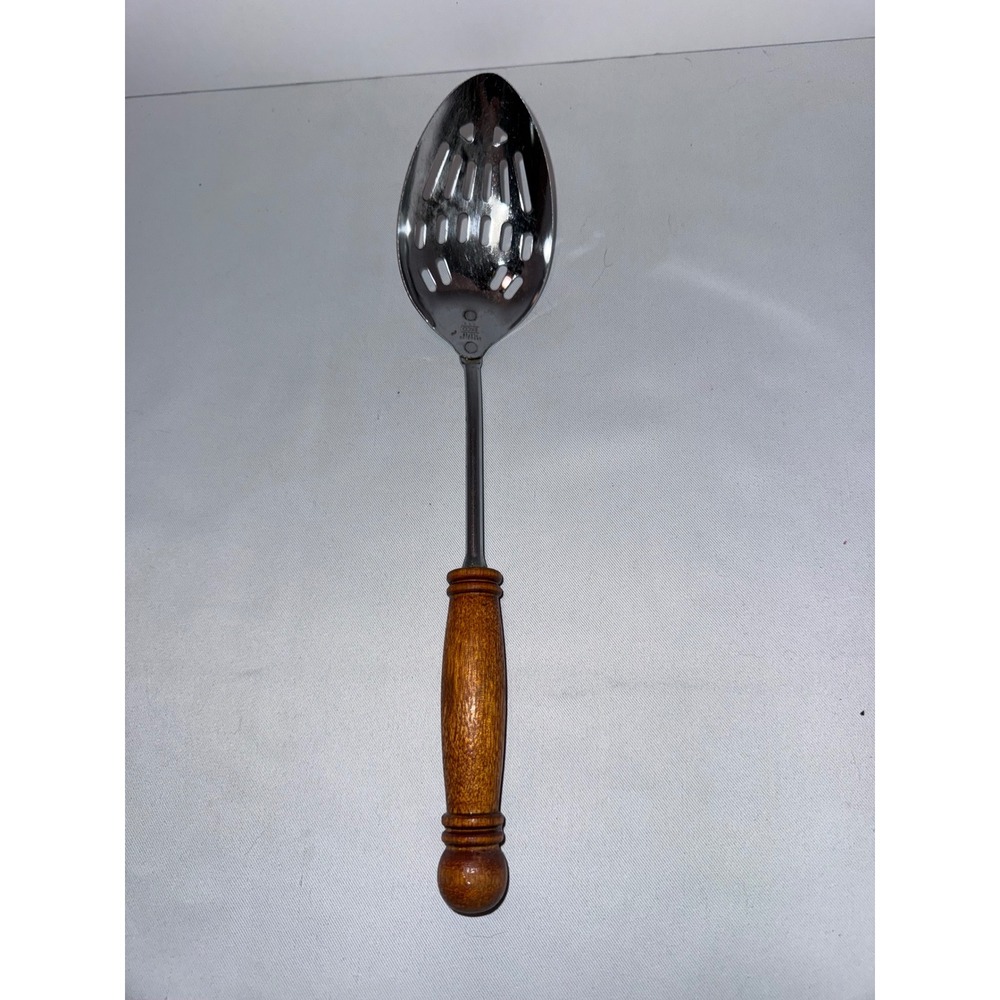 Vintage Ekco Slotted Spoon Wood Handle Chromium Plated USA Kitchen Utensil